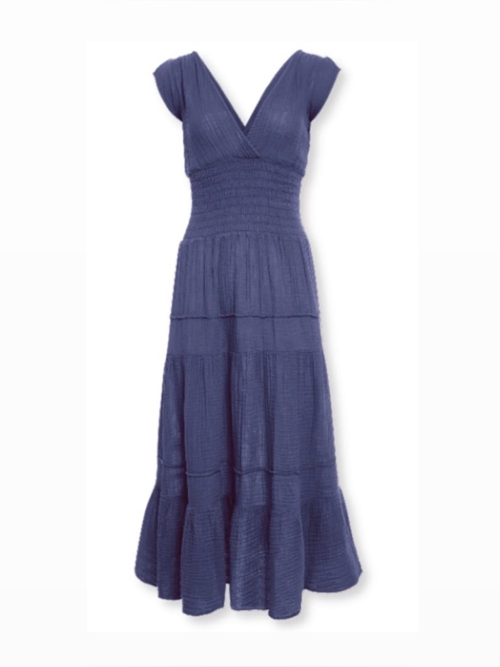 Felicite Women's Navy V-Neck Smocked 100% cotton gauze Maxi Dress size 1 XS S